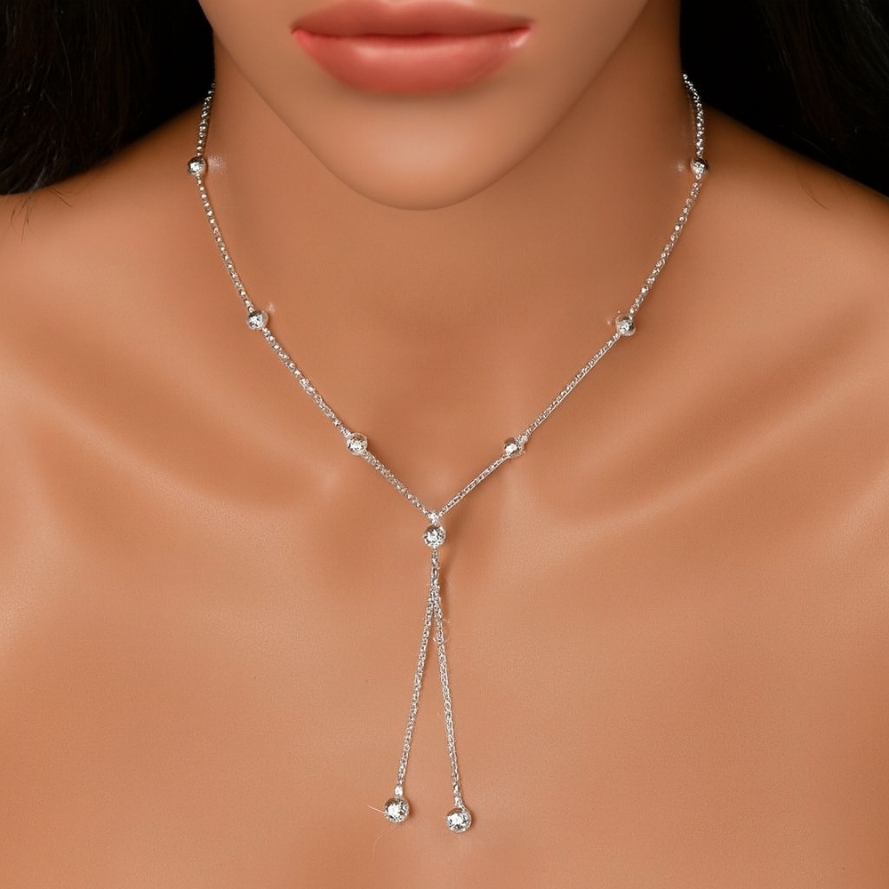 Elegant Polished Silver Beads Fringe Necklace, 38" Long Women's Fashion Jewelry